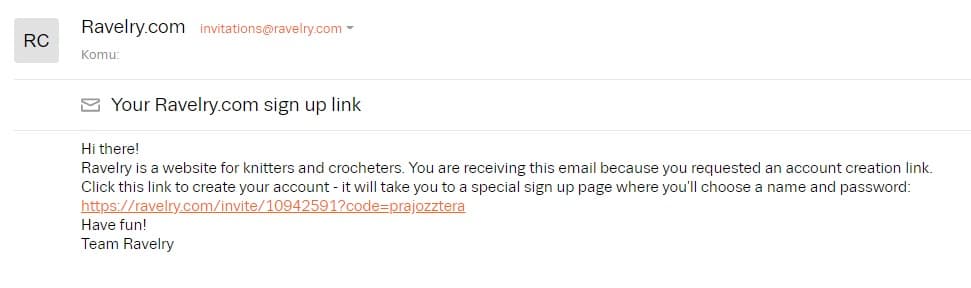 registarační email z ravelry